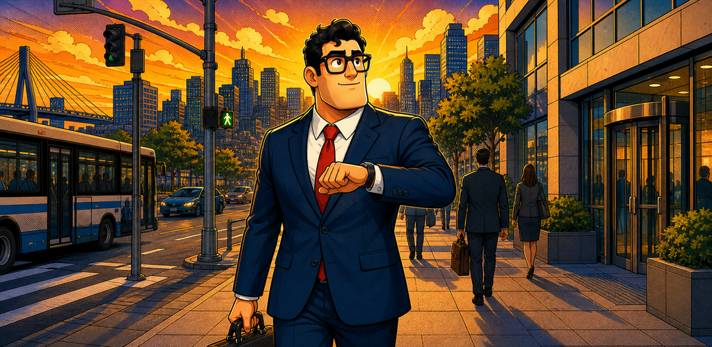 A salaryman walking through a comic-book city at sunset